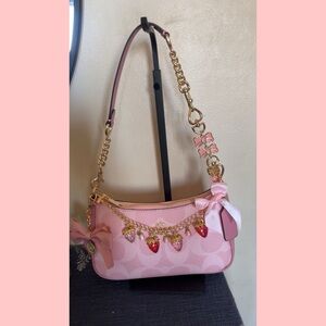 Coach Pink Signature Canvas Shoulder Bag with Strawberry Charm Chain